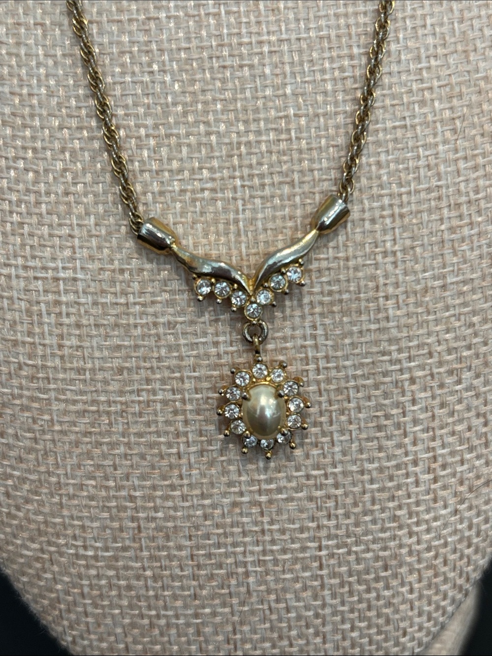 Vintage Roman Gold Tone Faux Pearl Rhinestone Chevron Pendant Necklace